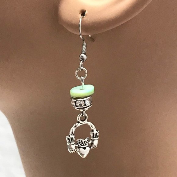 Claddagh Hook Earrings Green Mother of Pearl Shell - Picture 5 of 9